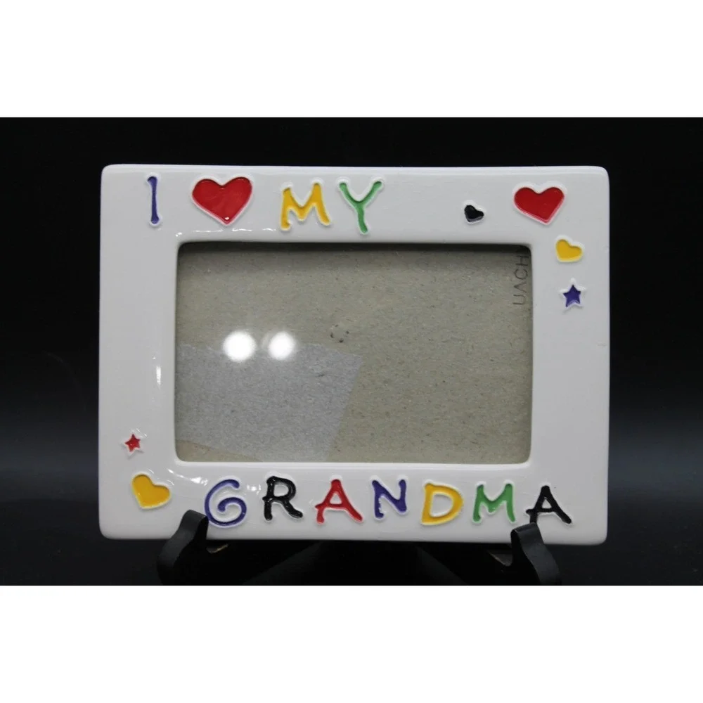 I Love My Grandma Ceramic Picture Frame Colorful Hearts Stars Vintage 4x6